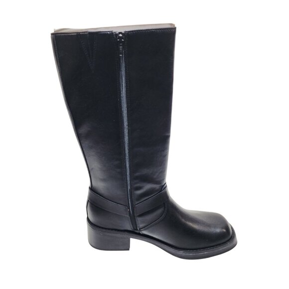 Wild Diva Black Knee-High Buckle Boots Size 11 With Side Zipper Faux Leather - Picture 6 of 9